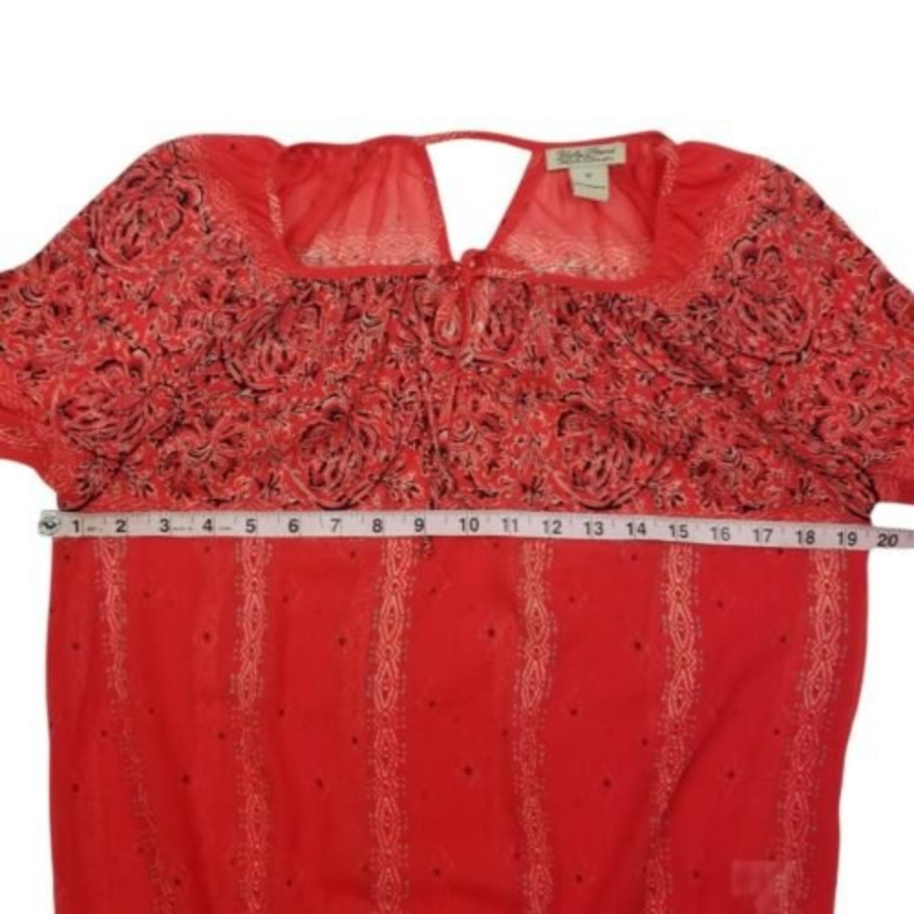 Lucky Brand Orange Blouse Medium Paisley Tie Neck Smocked Waist Top Boho Peasant - Picture 10 of 12